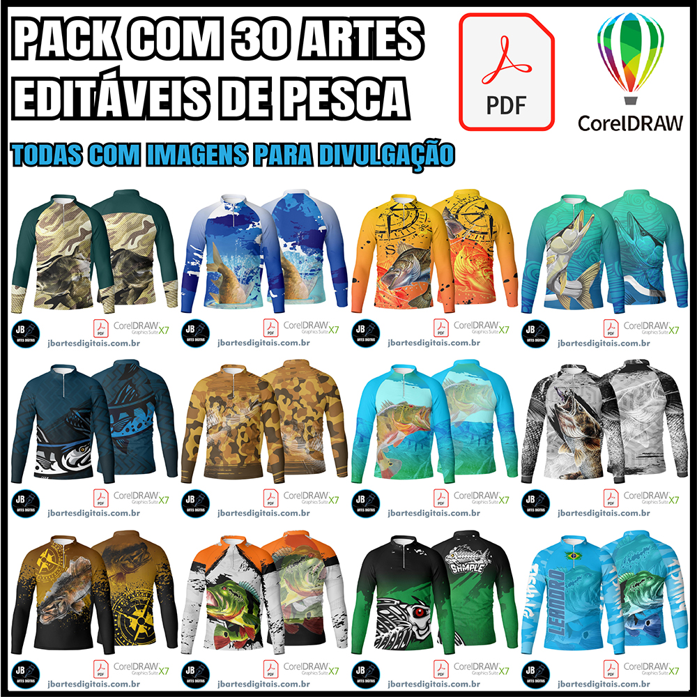 Pacote com 30 Artes camiseta de Pesca editáveis
