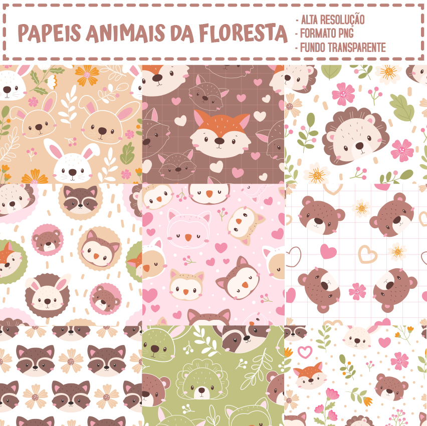 KIT DIGITAL PAPEIS ANIMAIS DA FLORESTA