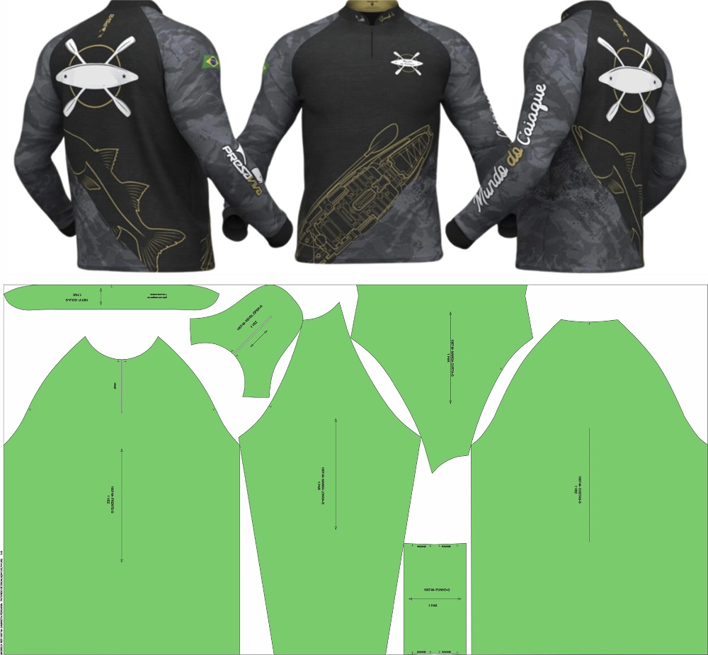 Moldes de Camiseta de Pesca Profissionais – Digital, Tamanho Real (PP ao XGG2)